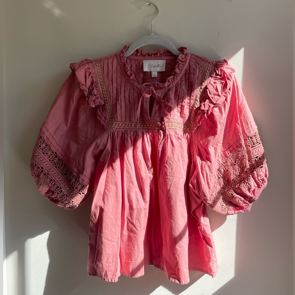 Cleobella 100% Organic Cotton Pink Ruffled Summer Shirt Puffed Sleeves Size M